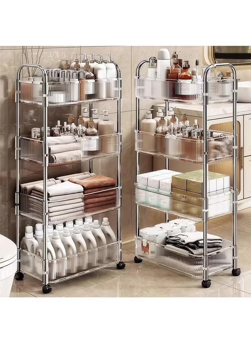 4 Tier Rolling Storage Cart Transparent Storage Shelves with Handle and Silent 360° Wheels Storage Trolley Cart Multi-purpose Storage Rack Rolling Organizer Movable Functional Utility Trolley Space-Saving Cart Storage Shelf for Bedroom Kitchen Narrow Space Shelf Organizer - Image 3